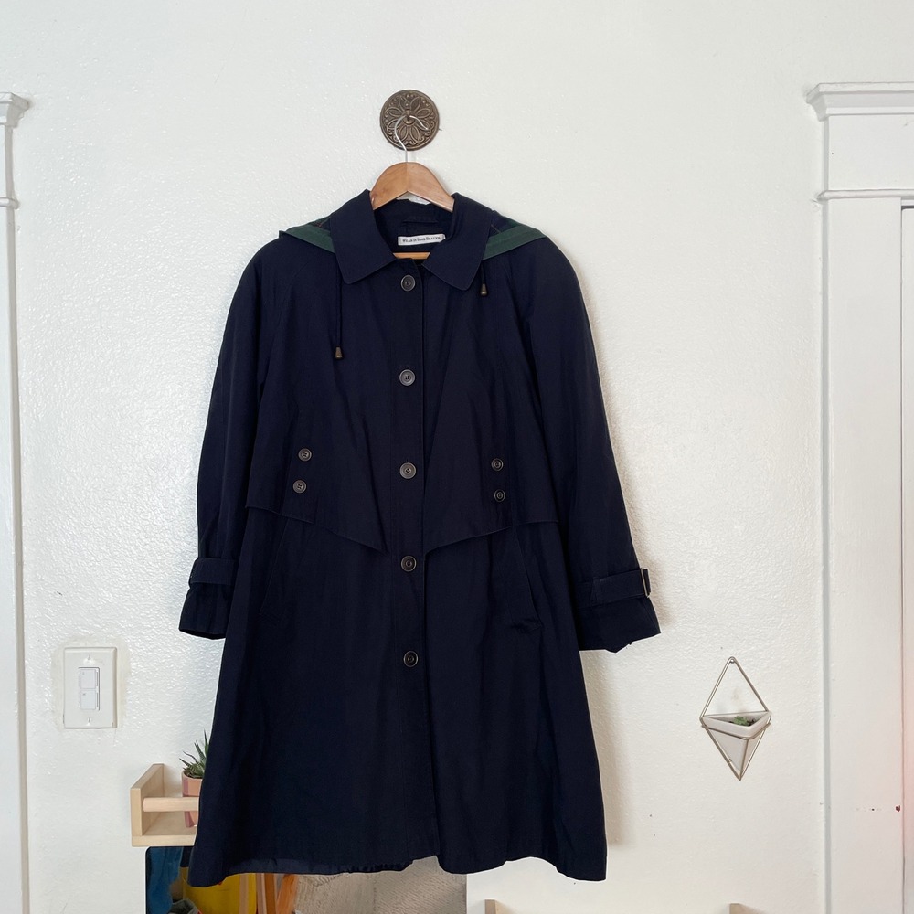 Misty Harbor Original Navy Blue Hooded‎ Trench Coat Plaid Lined 38418 Womens 10
